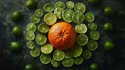 Wall Mural -   An orange encircled by limes on a dark background amidst lime clusters