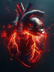 Poster - Heart radiating electric energy in dramatic setting with vivid colors and intense details. Generative AI