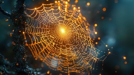   Spider's web lit by bright yellow light