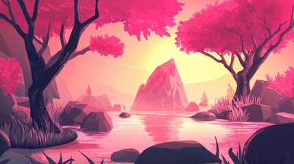 Wall Mural - Pink Sunset Landscape With Trees and Rocks Near Water