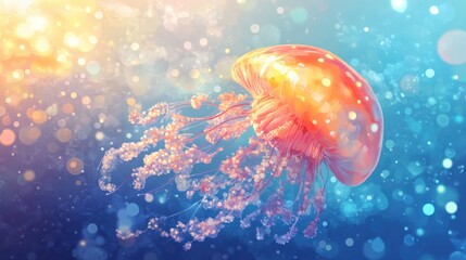 Wall Mural - A Radiant Jellyfish Swims In Sparkling Ocean Water