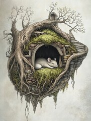 Poster - Tiny mouse resting in a whimsical treehouse surrounded by gnarled roots and lush greenery in a serene fantasy setting. Generative AI