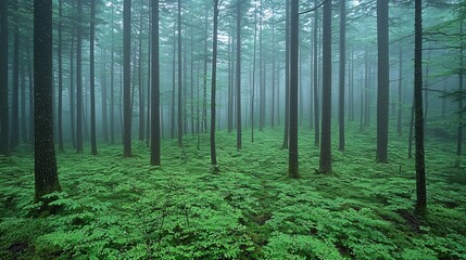 Sticker - Serene Foggy Forest Mystical Green Canopy Tall Trees Tranquil Nature Scene