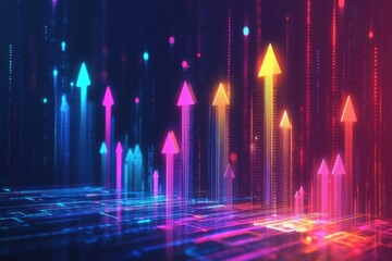 Aufkleber - Colorful upward arrows symbolize growth in digital technology against a dark background at night. Generative AI