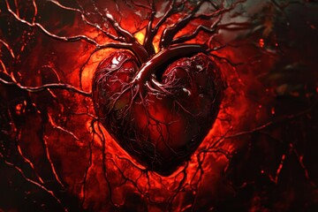 Fototapete - Heart shaped design featuring intricate roots and rich colors representing emotion and passion in a surreal artwork. Generative AI