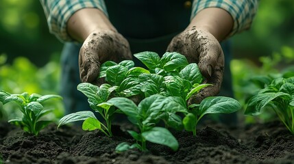 A person with dirty hands nurturing young plants in rich soil, emphasizing gardening and growth.