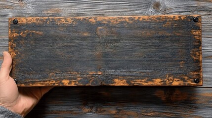 A person holding a rustic wooden sign against a textured background.