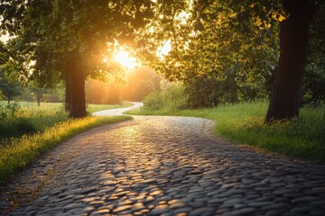 Aufkleber - Peaceful cobblestone path winding through trees at sunset in a serene park landscape. Generative AI