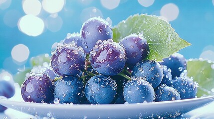 Wall Mural -   A close-up image of a dish filled with juicy grapes and glistening water droplets, topped by a fresh green leaf