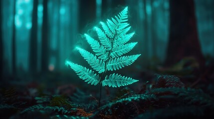 Wall Mural -   Close-up of fern in forest, illuminated by green light from leaf background