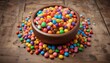© Sathaporn Buarabut - A colorful and festive bowl filled with candies and sweets on a wooden table, event, decoration, table