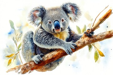 A watercolor illustration of a koala perched on a branch surrounded by leaves.