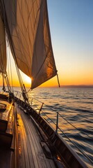 Aufkleber - Sailing on calm waters at sunset with illuminated sails and a golden horizon reflecting on the ocean. Generative AI