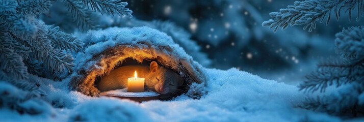 Poster - Sleepy creature nestled in warm cave with glowing candle amidst tranquil snow covered forest. Generative AI
