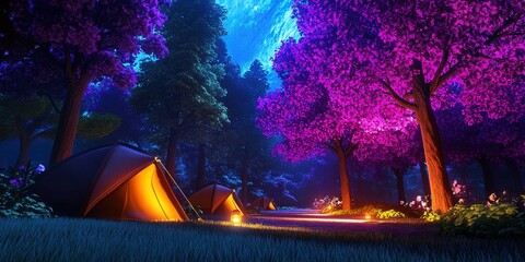 campsite in the woods with tent in nature