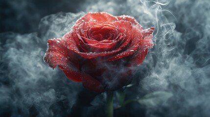 Sticker - Dew-covered red rose engulfed in ethereal smoke.