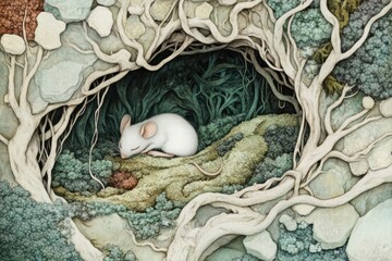 Poster - Sleepy white mouse nestled in a cozy nest among intricate roots and moss in a tranquil forest setting. Generative AI
