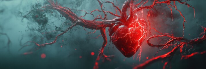 Fototapete - Pulsating heart with red veins glowing against a dark misty background. Generative AI