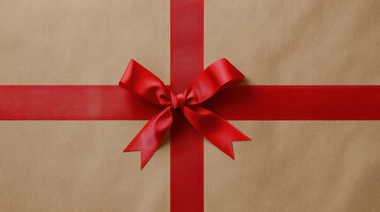 Leinwandbilder - Gift wrapped in brown paper with a bright red ribbon bow ready for celebration or special occasion. Generative AI