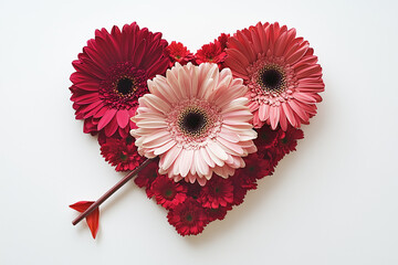 A heart shape made of pink and red gerbera flower petals on a white background, with one petal in the center  like an arrow.Minimal creative flower shop Valentine's holiday concept.Copy space.