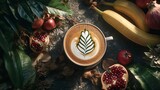 Aromatic Latte Art with Autumnal Fruits and Lush Greenery