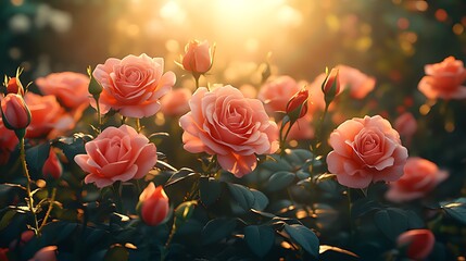 Wall Mural - Peach roses sunset garden blooming spring romance
