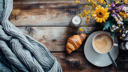 Poster - Warm morning with coffee, croissant, and fresh flowers on a rustic wooden table in a cozy setting. Generative AI