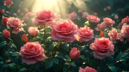 Wall Mural - Sunlit pink roses blooming in garden, morning mist