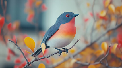 Wall Mural - Colorful Bird on Autumn Branch, fall, leaves, vibrant, red, orange