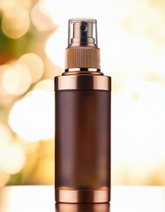 Wall Mural - Amber glass bottle with copper accents. Spray bottle mockup.