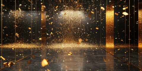 Wall Mural - abstract golden glitter and particle explosion in a dark mirrored room.