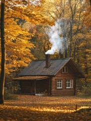 Fototapete - Charming log cabin nestled in vibrant autumn foliage with smoke rising from the chimney in a peaceful forest setting. Generative AI