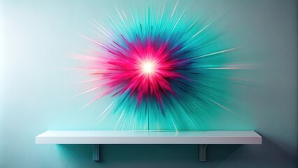 Wall Mural - vibrant pink and teal burst of light behind a modern white shelf