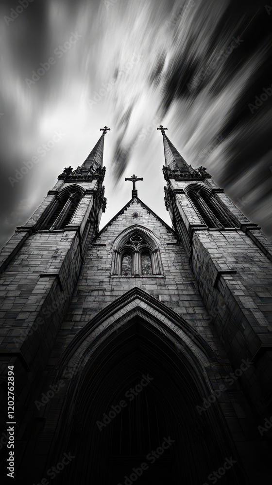 Gothic Church Steeples Under a Motion Blurred Sky in Black and White ...