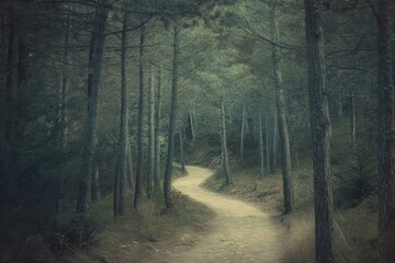 Fototapete - Forest trail winding through tall trees invites exploration on a serene day in nature. Generative AI
