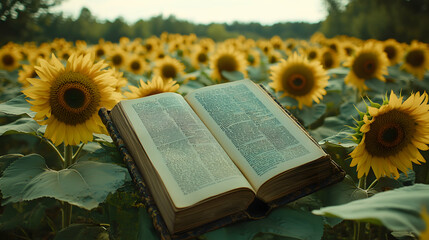 Wall Mural - Open Book in Sunflower Field, sunflowers, bible, old book, vintage book, reading