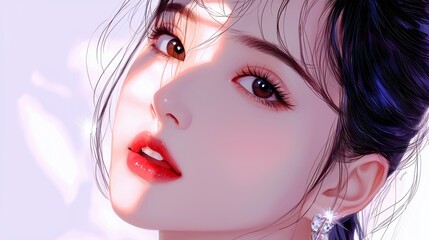 Wall Mural - Beautiful close-up portrait of a young woman with striking features and soft lighting highlighting her expressive eyes and radiant skin in an artistic style