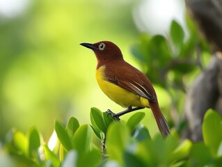 Wall Mural - brown and yellow bird perched among green leaves in natural habitat