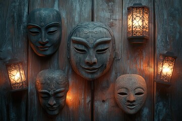Poster - Unique wooden masks and lanterns arranged on a rustic wooden wall in a warm atmosphere. Generative AI