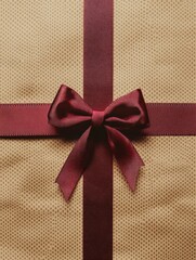 Poster - Beautifully wrapped gift with a red ribbon on a textured brown background ready for a special occasion. Generative AI