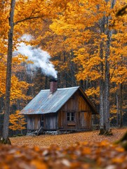 Poster - Charming wooden cabin surrounded by vibrant autumn foliage in a serene forest setting during the fall season. Generative AI