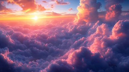 Wall Mural - aerial sunset view above cloudscape, vibrant colors, travel, hope