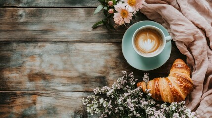 Aufkleber - Cozy brunch setting with coffee, croissant, and fresh flowers on wooden table. Generative AI