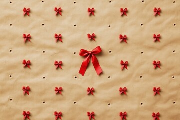 Poster - Unique display of red bows arranged on textured brown paper for special occasions or festive celebrations. Generative AI