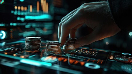 Aufkleber - A close-up view of a business professional analyzing financial data with coin stacks and charts, representing investment strategies and economic growth insights.