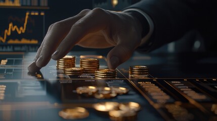Aufkleber - A close-up view of a business professional analyzing financial data with coin stacks and charts, representing investment strategies and economic growth insights.