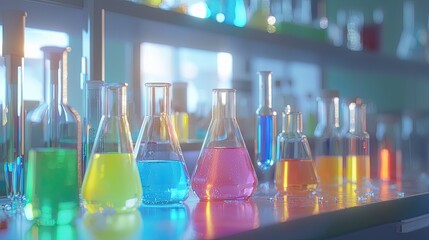 Leinwandbilder - Bright laboratory scene featuring glassware with colorful liquids, emphasizing scientific research. Perfect for educational and healthcare themes.