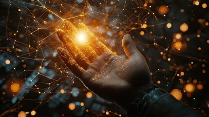 Leinwandbilder - A captivating image of a human hand reaching for a radiant light, representing the intersection of technology and human aspiration, set against a backdrop of digital conn