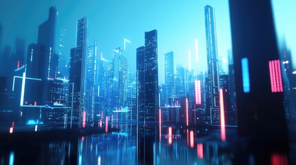 Leinwandbilder - This image showcases a modern financial data visualization featuring charts and graphs against a vibrant urban skyline, representing economic growth and investment trends
