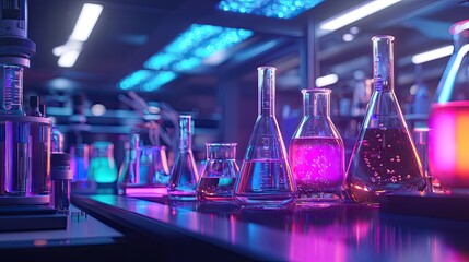 Leinwandbilder - Bright laboratory scene featuring glassware with colorful liquids, emphasizing scientific research. Perfect for educational and healthcare themes.